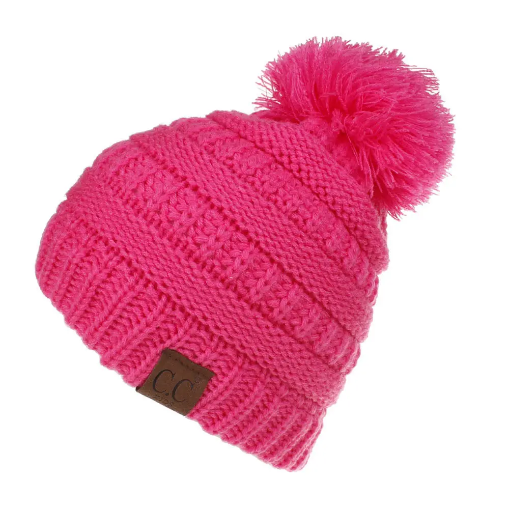Hot pink cc От 1 до 6 лет, детские вязаные шапки с помпонами для маленьких мальчиков и девочек, вязанные шапки-бобы, детские зимние шапки, теплые шапки с помпонами H097D - Цвет: Hot pink cc
