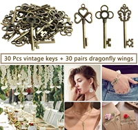 30pcs flying keys diy handmade accessories with dragonfly wing charms vintage bronze skeleton key party wedding favors supplies