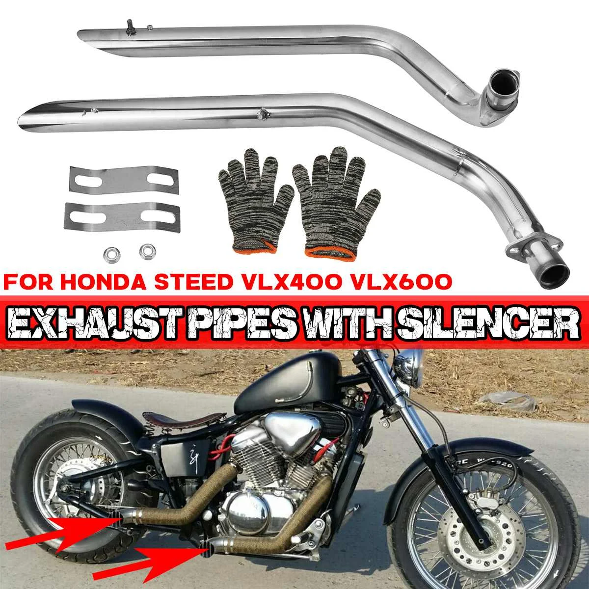 

Нержавеющая сталь 2x Мотоцикл выхлопной трубы с трубы глушителя полный выхлоп Системы + глушители для Honda Для конь VLX400 VLX600