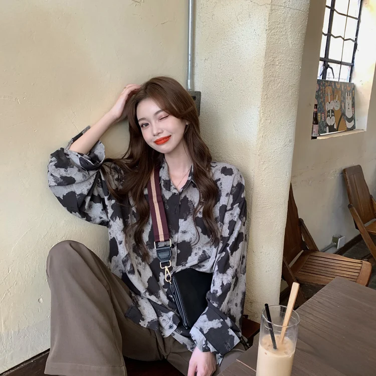 Рубашка с длинным рукавом для весны и осени модный Свободный Топ коров | Женская