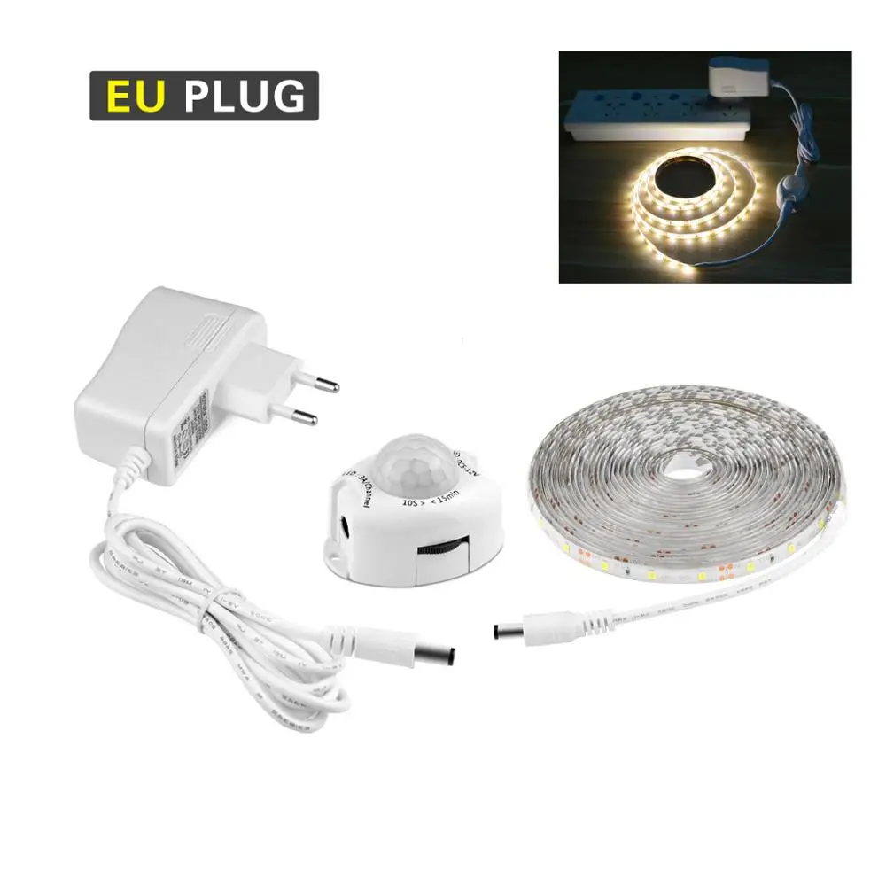 EU-Warm White PIR Светодиодный светильник для шкафа, ЕС, США, источник питания, 1 м, 3 м, 4 м, 5 м, датчик движения, Светодиодная лента, кухонный ночник, шкаф, лента для шкафа - Цвет: EU-Warm White