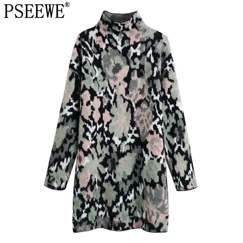 

PSEEWE Za Floral Knitted Dress Woman Jacquard Sweater Dress Female Autumn Winter Vintage High Neck Long Sleeve Warm Dresses