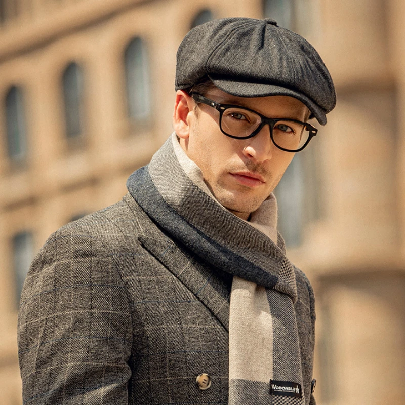 

Men Newsboy Hats Wool Cap Thick Warm Vintage Tweed Short Brim Spring Autumn Classic Style Man Winter Fashion