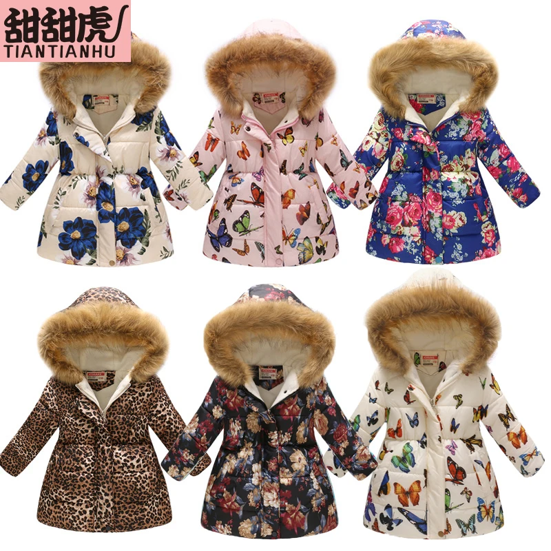 Осенне зимние пуховые куртки с капюшоном и рисунком для девочек куртка детская