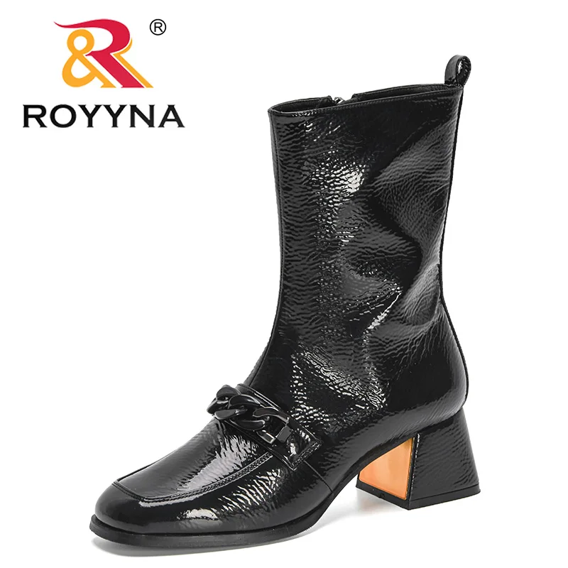 

ROYYNA 2022 New Designers Fashion Mid-Calf Boots Round Toe Chunky Boots Women Patent Leather Boots Ladies Solid Buckle Footwear