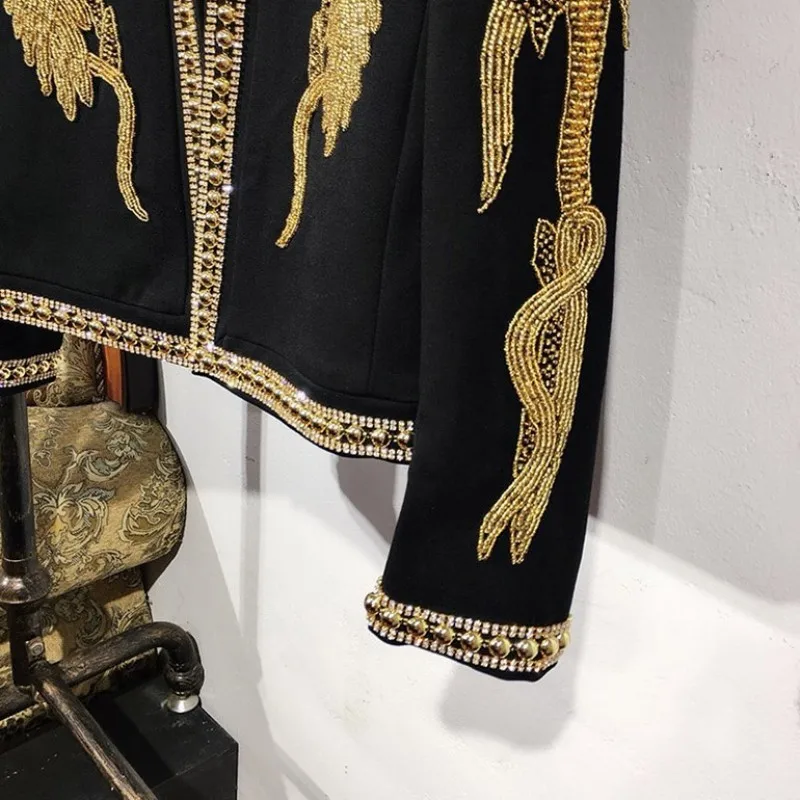 Luxury Court Style Wedding Suit Coat Men Handmade Beading Collar Embroidered Slim Blazer Male Streetwear Hip Hop Outerwear S-XL