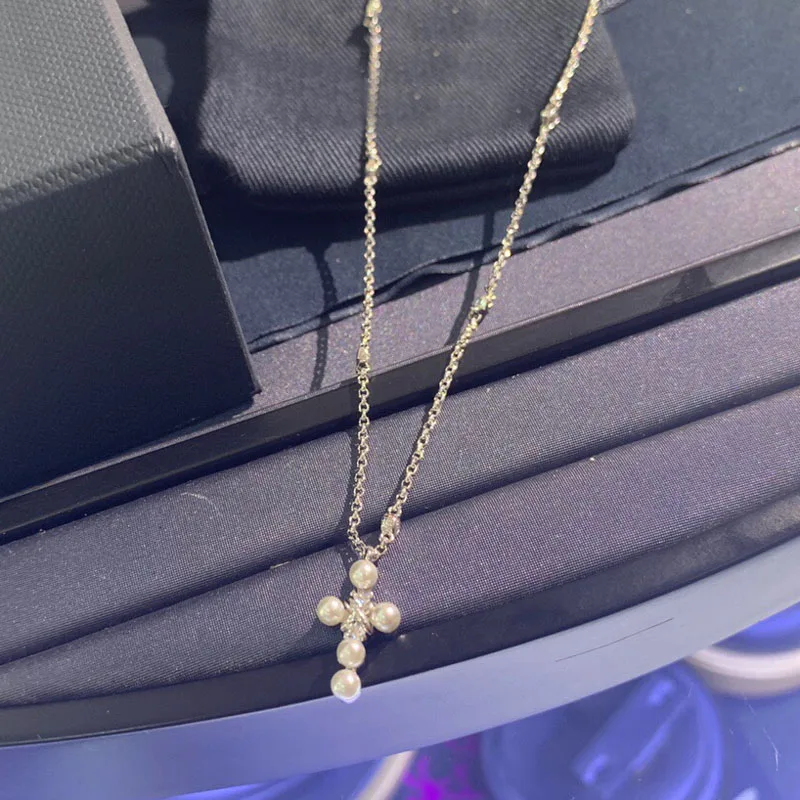 

UMGODLY Fashion Brand Necklace Silver Color Cross Pearl Pendant Necklace Micro Zirconia for Women Luxury Party Jewelry