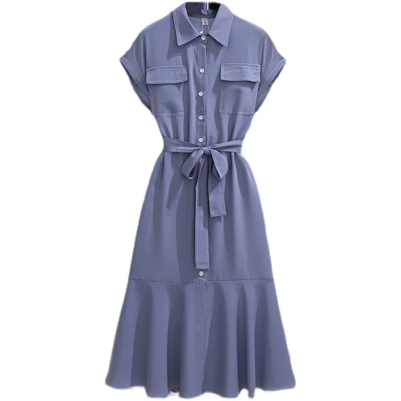 

4XL Plus Size Women French Elegant Shirt Dress Summer 2021 Solid Color Batwing Sleeve Loose Ruffle Ladies Long Dresses