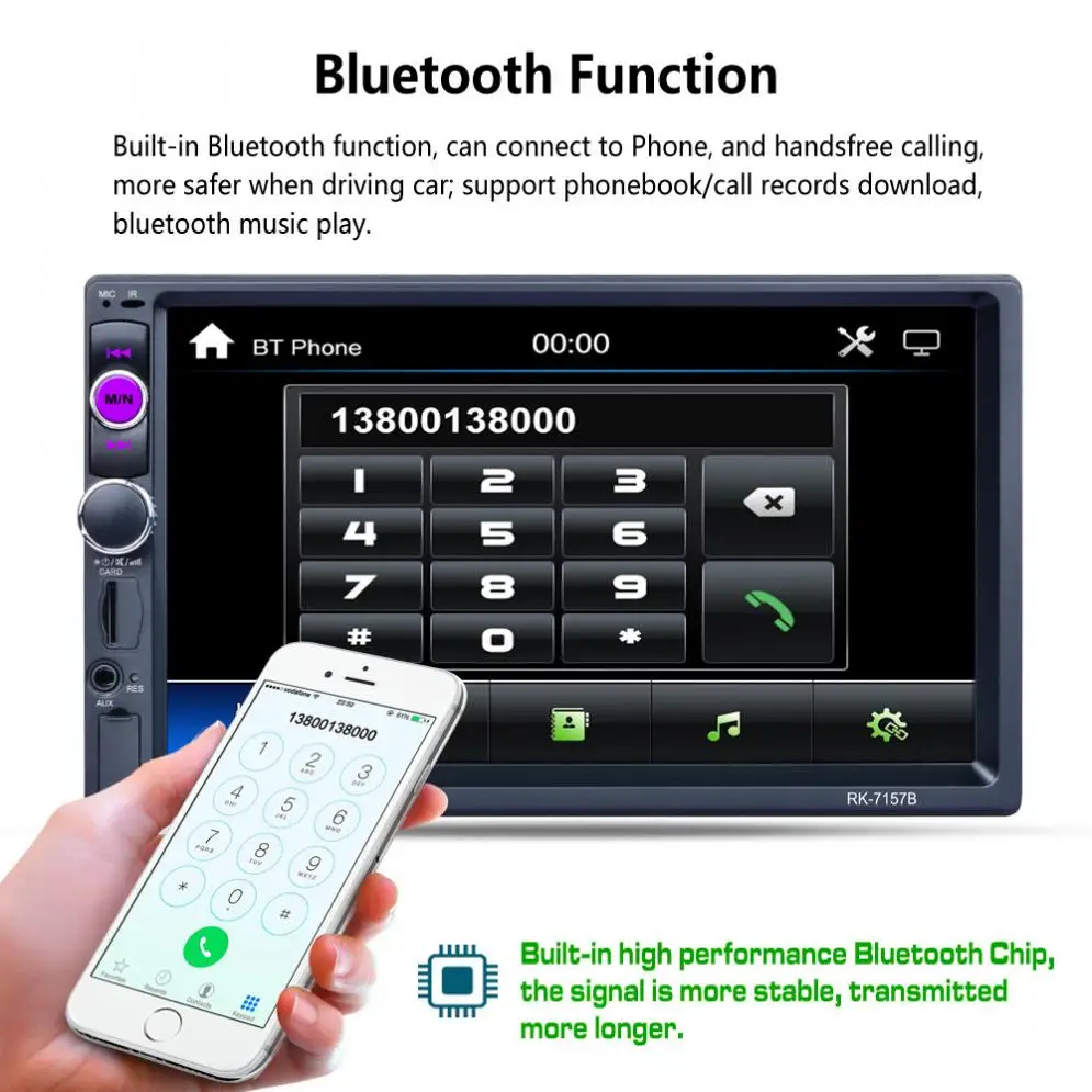 Автомобильный стереопроигрыватель 7 дюймов 2 DIN Bluetooth HD AM / FM/RDS радио поддержка Mirror