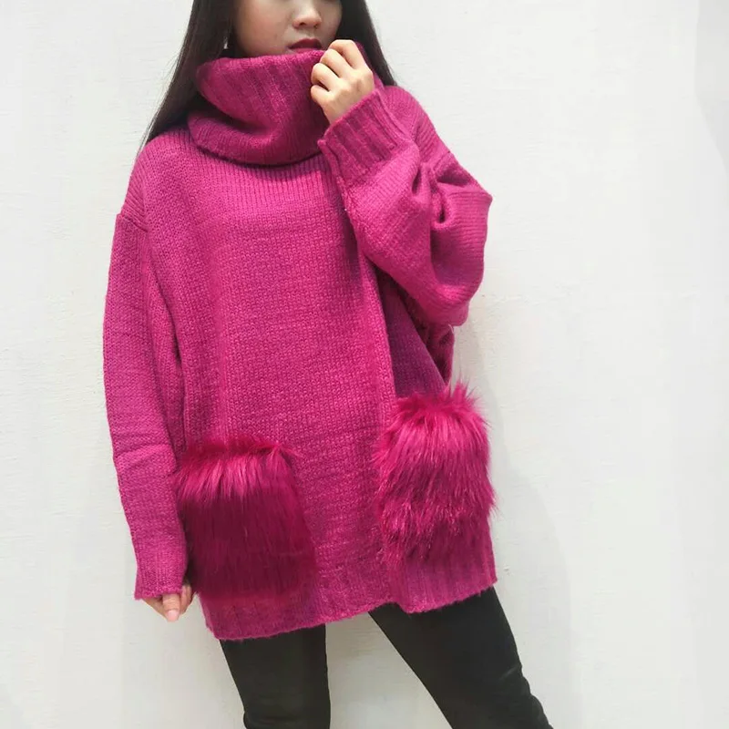 Neploe Pull Femme осень-зима свите с длинными рукавами Женский водолазка Толстый Пуловер Джемперы меховая нашивка карман трикотажные топы 54799 - Цвет: rose