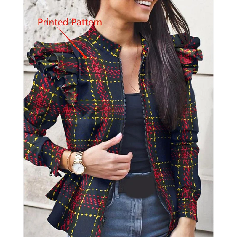 Женский жакет с оборками повседневные пальто 2020 осень круглым вырезом на молнии