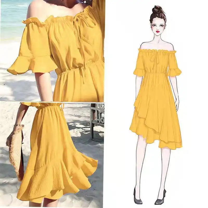 Retro Fairy Beach Dress Summer Yellow Chiffon Seaside Vacation Word Shoulder Female Solid Color | Мать и ребенок