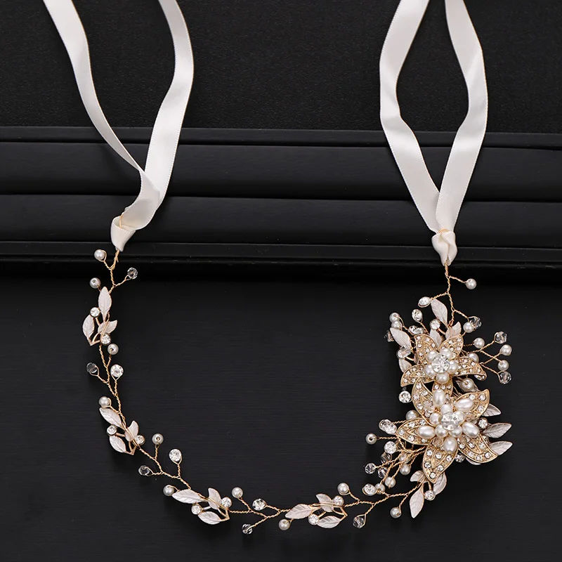 Свадебные аксессуары для волос Золотая лента ободок с цветами и жемчугом тиара