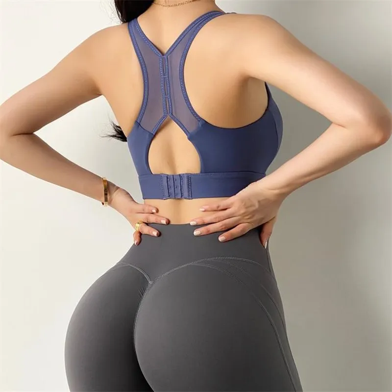 

New Shockproof Sports Bra Women's Net Yarn Patchwork Yoga Bra Sexy Workout Running Bra Gym Adjustable Training Fitness Underwear