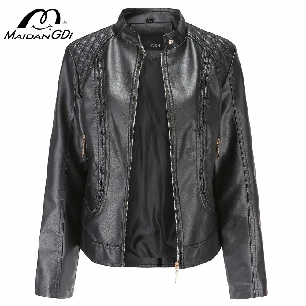

MAIDANGDI Woman Leather Jacket New 2020 Loose Classic Moto Biker Jacket Spring Autumn Lady Basic Coat Plus Size Outerwear