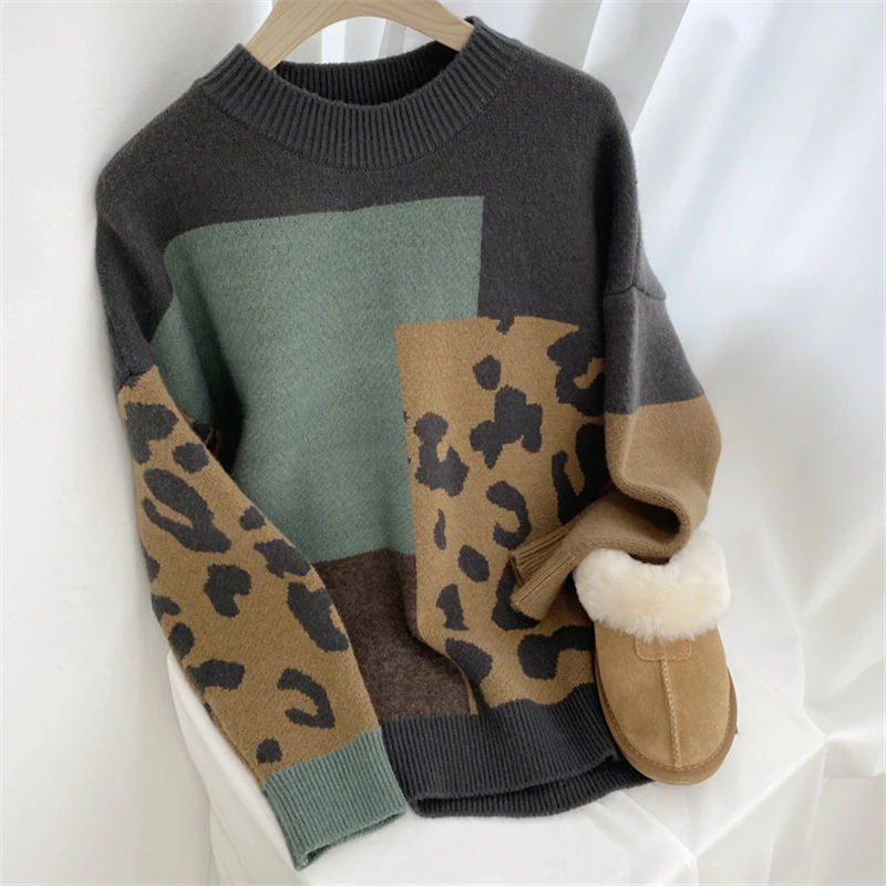 

Colorfaith New 2021 Women Autumn Winter Sweater Knitted Thicken Wild Patchwork Warm Fashionable Vintage Pullovers Tops SW3271