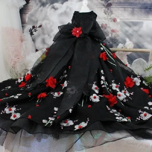 Handmade Luxury Dog Clothes Pet Wedding Dress Trailing 3D Rose Embroidery Secret Black Trimmings One Piece Royal Palace Gown