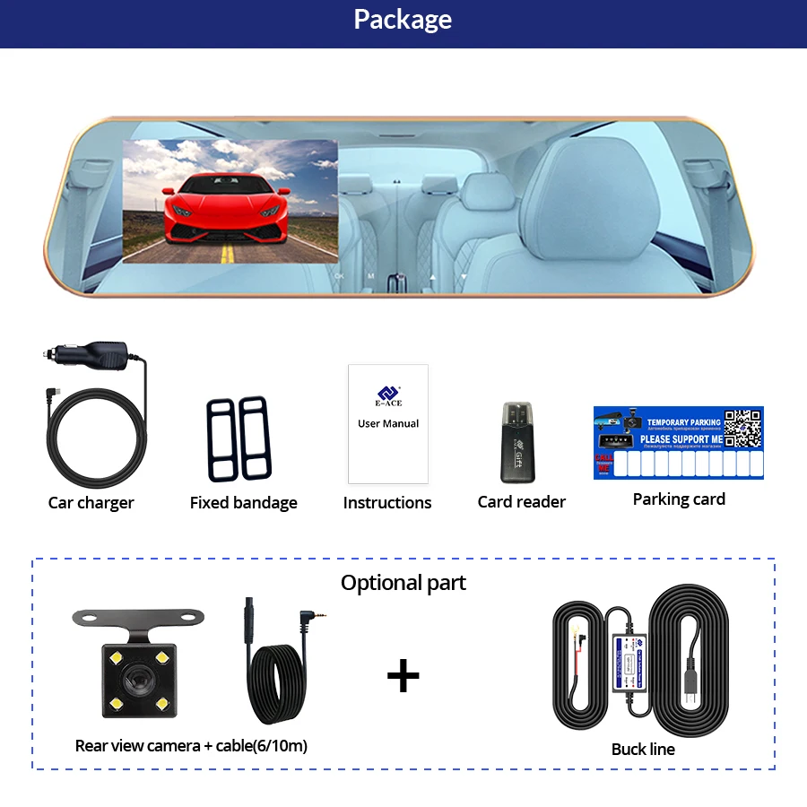 E-ACE Full HD Автомобильный Видеорегистратор Цифровой Видеорегистратор Синий Авто Заднего вида Камера с Двумя Объективами Зеркало Заднего Вида Автомобиля Регистратор Тире видеокамеры
