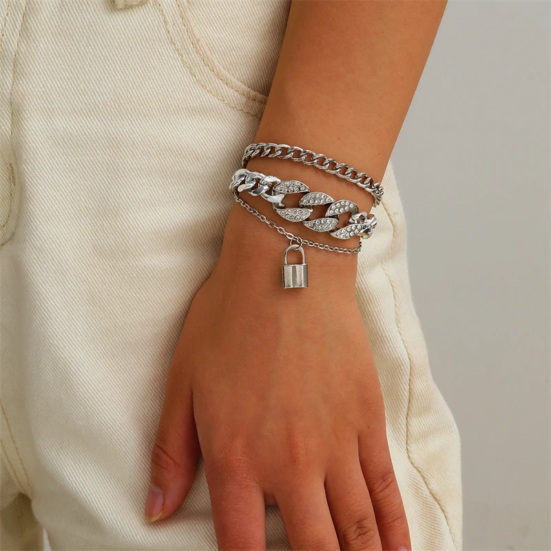 

Fashion simple alloy jewelry exaggerated personality multi-layer micro diamond lock bracelet female jewelry Wholesale