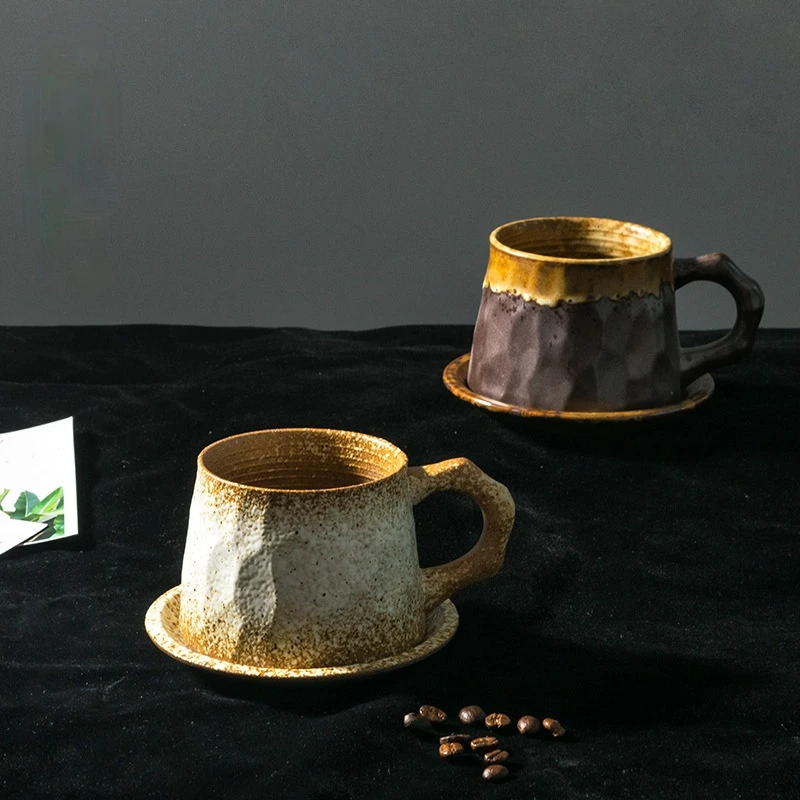 

Japanese Handmade Retro Coffee Cups and Saucers Set Coarse Pottery Afternoon Tea Set Coffee Mugs and Ceramic Cups