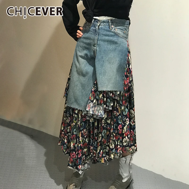 Женская джинсовая юбка с высокой талией CHICEVER асимметричная цветочным принтом и