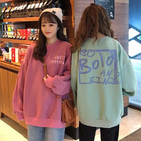 

Plus velvet o-neck sweatshirt women long sleeve Korean style loose thick coat streetwear harajuku hoodie Winter Pullovers