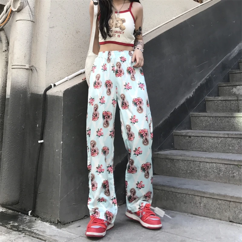 

Trousers women's original trend casual pants ins retro net red printing men and women straight pants loose wide-leg pants
