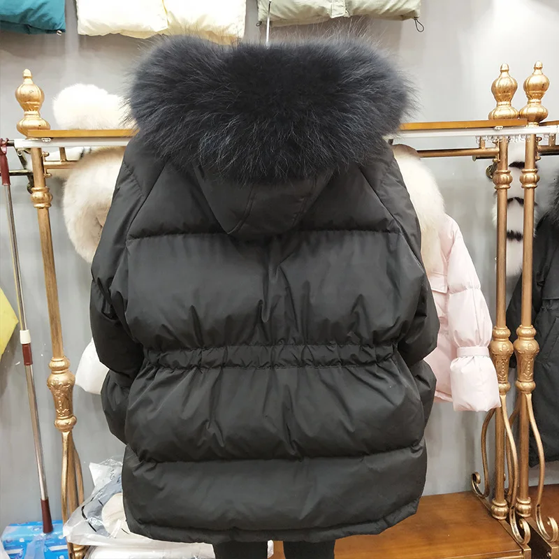 2020 Winter Raccon Fur Hoody Cream Beige White Duck Down Coat Women Jacket