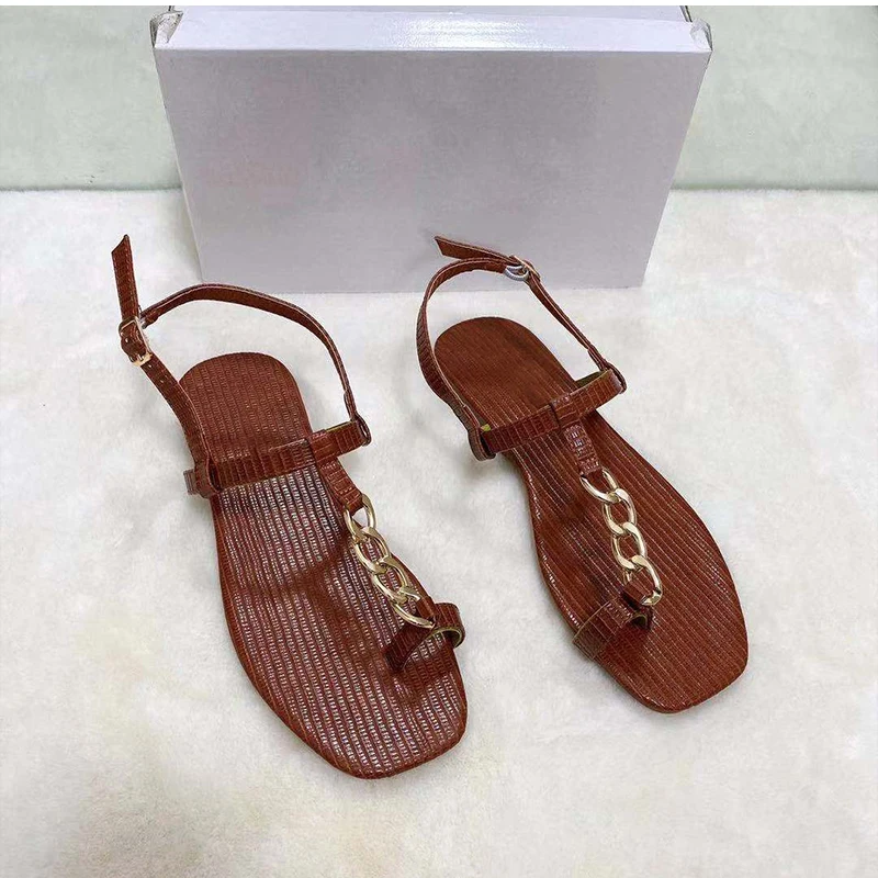 

Women Sandals Metal Chain Buckle Flat Lace-Up Ladies Footwear Summer Outdoor Beach Female Slipper Solid Color Comfy Casual Shoes