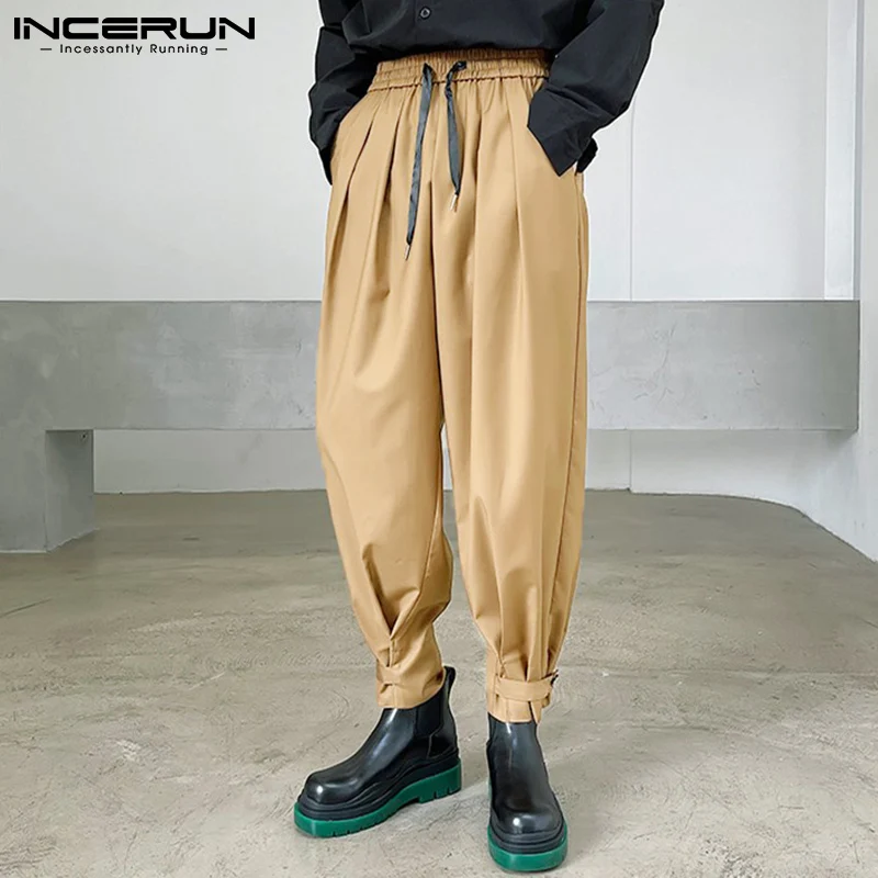 

Мужские повседневные брюки 2021 на шнуровке, однотонная уличная одежда, свободные брюки с широкими штанинами, джоггеры, модные мужские брюки ...