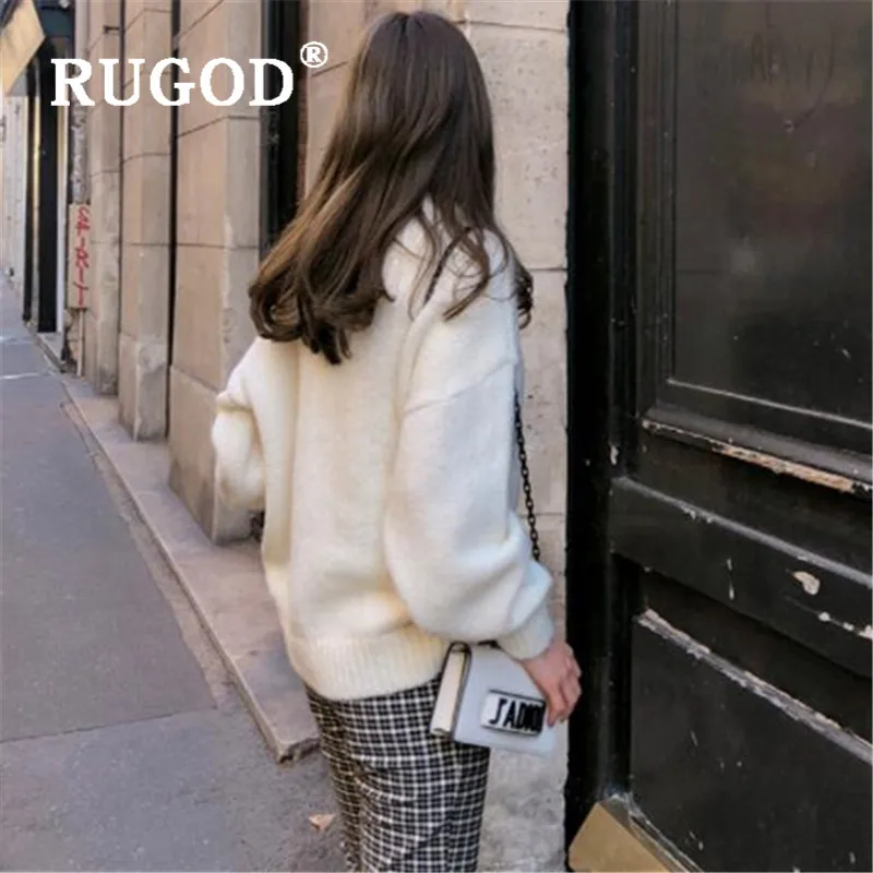 RUGOD Knitted Long Sweater Solid Warm Jumper Knitwear Mohair Pullover Plus Size Korean Style Winter Tops For Women Fall 2019 | Женская