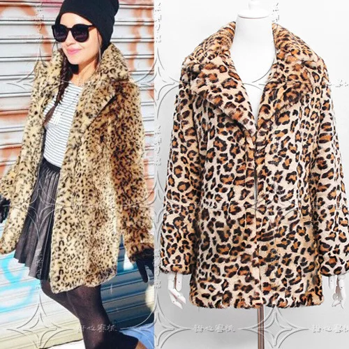 

New Women's Faux Fur Coats Leopard Imitation Mink Long Coat Plus Size Female Fur Overcoat Turndown collar Vintage Ladies Fur