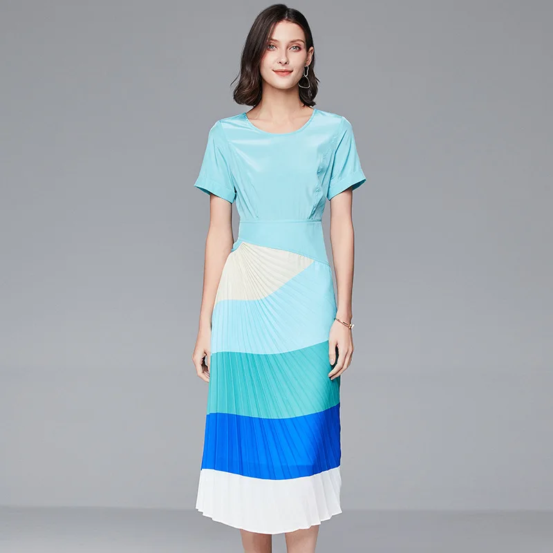 

women floral dresses 2020 summer round neck blue rain bow flower pleated long casual sexy office work beach boho plus size dress