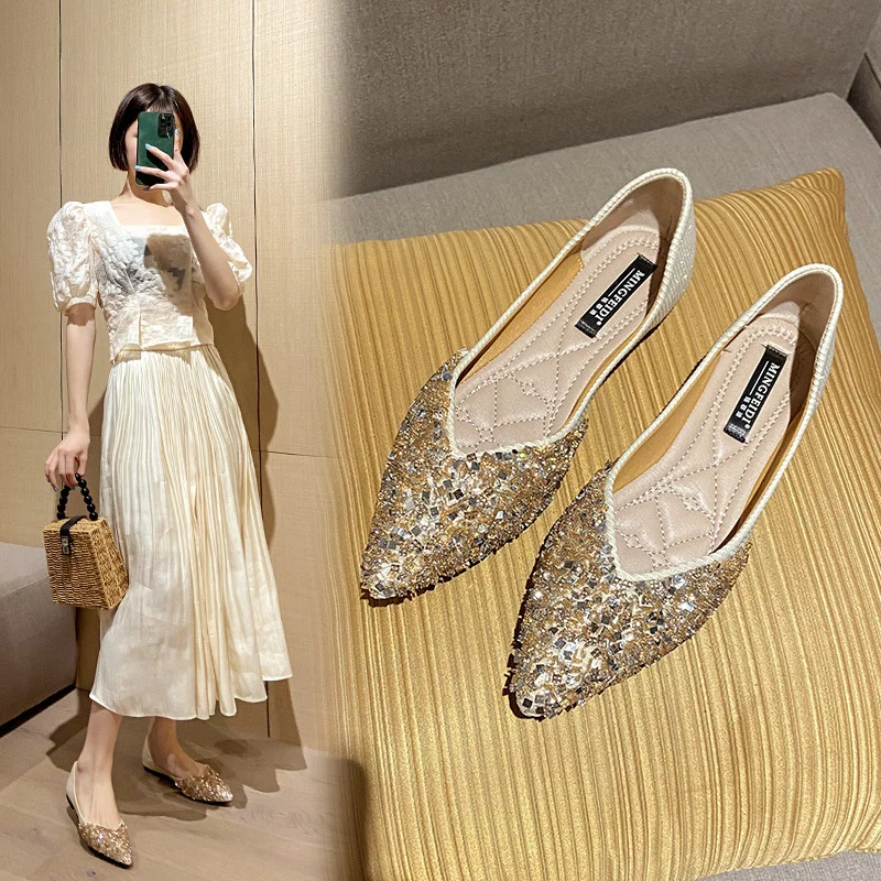 

Knitting Paillette Sneaker Shoes Women Bling Ballerina Woman Flats Espadrilles Loafers Pointed Toe Glitter Moccasins Big Size 43