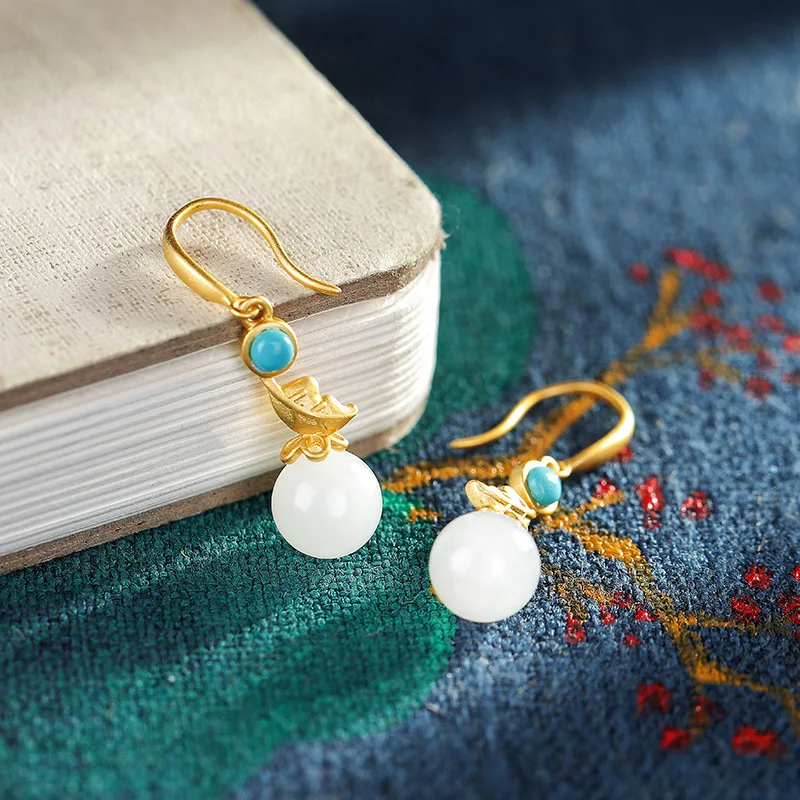 S925 pure silver inlaid natural hetian jade white round bead in qinghai eardrop of gold leaf and elegant lady | Украшения и