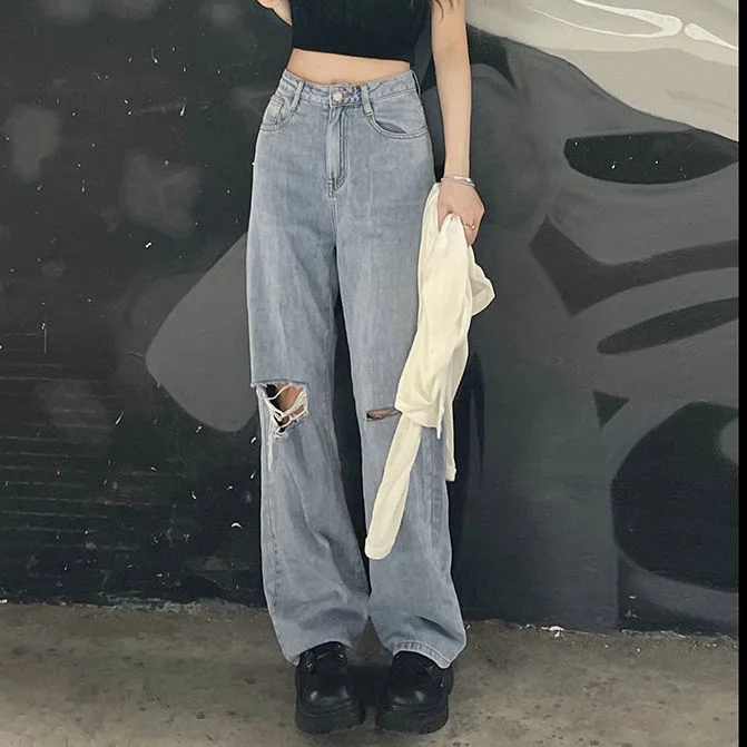 

2021 New Pants Female Large Size Boyfriend Jeans Ripped Women harajuku High Waist Stright Trousers cotton Time limited