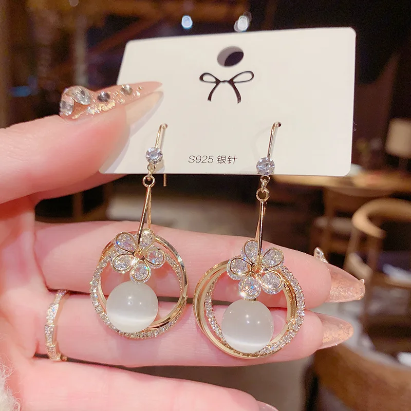 

Ins Hot Sale Flower Hanging Opal Temperament Fashion 14K Real Gold Stud Earrings for Women Cubic Zircon ZC Earrings