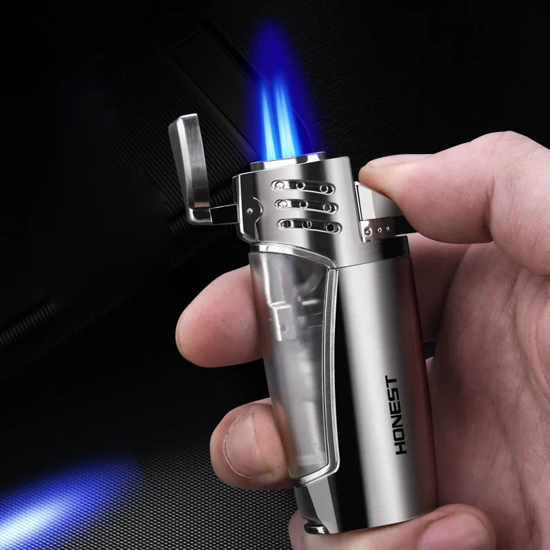 

New Metal Windproof Gas Lighter Three Straight Flame Visible Gas Window Open Lid Button Ignition Cigar Cutter Design