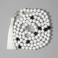 108 japa mala black onyx porcelain white stone beaded knotted necklace meditation yoga jewelry with om charm tassel pendant