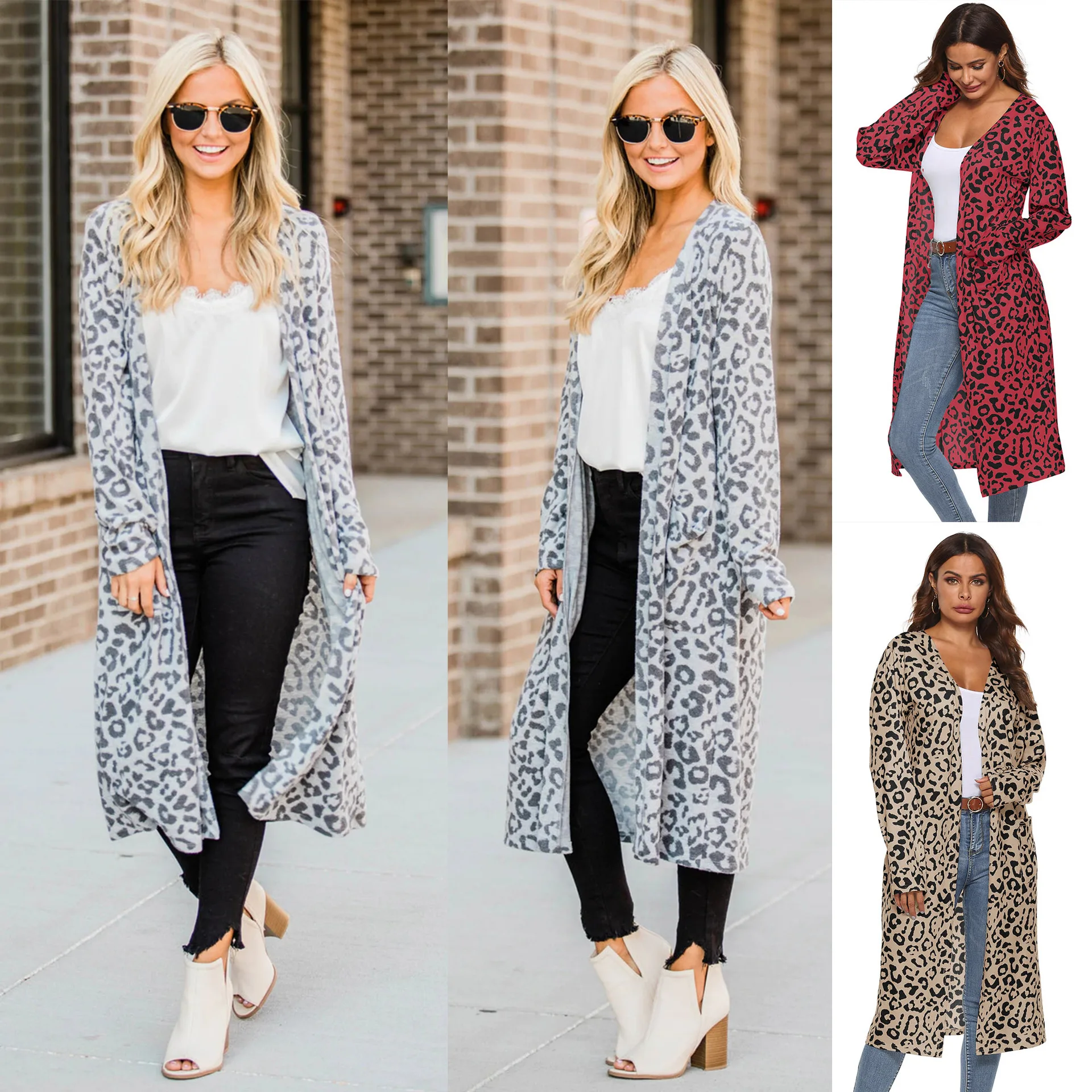 Осенне-зимняя одежда женский кардиган Леопардовый длинный свитер рукав Плюс