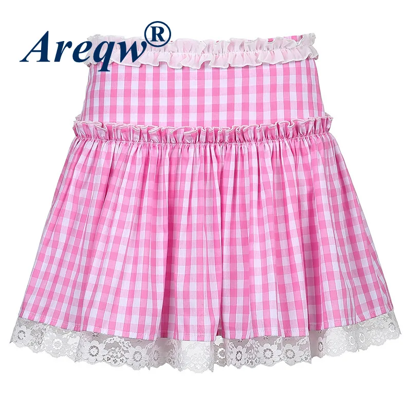 

Plaid Skirt Female 2021 New College Style Girl Lace Stitching High Waist A-line Skirt Female Waist Short Skirt