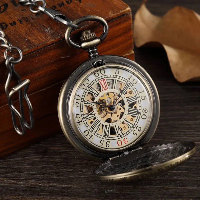 Simple Double Sided Cover Mechanical Pocket Watch Men Hollow Steampunk Skeleton Hand Wind Vintage Pocket Watch Male Clock Waist