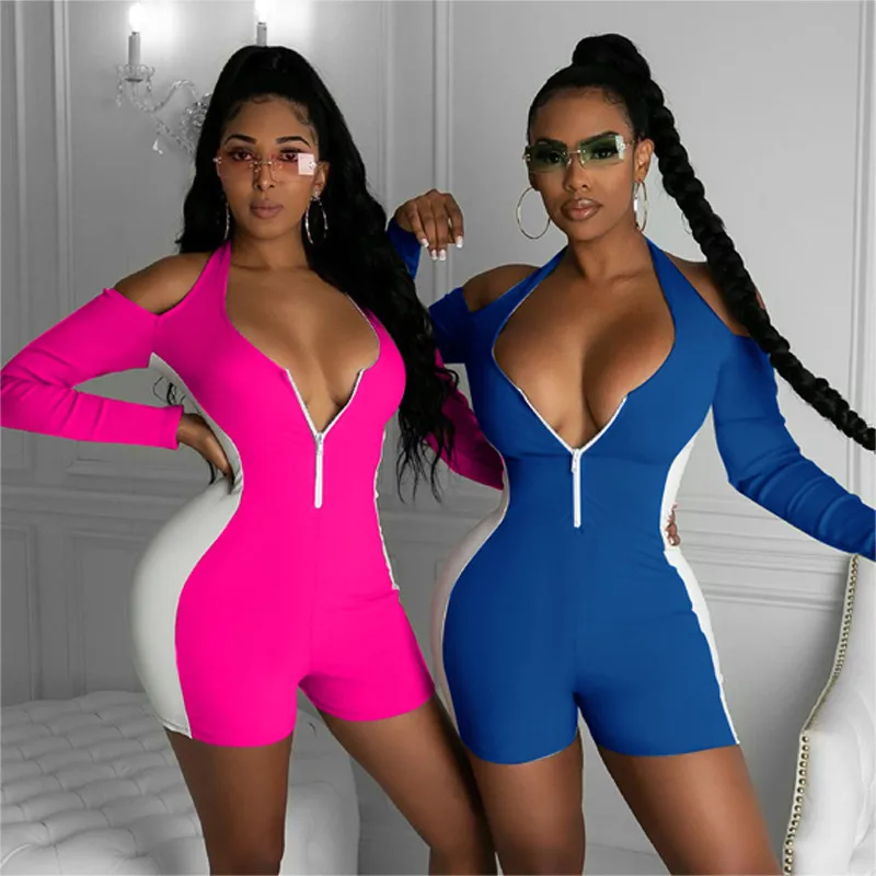 

Sexy Women's Playsuit Bodycon Romper Halter Cut Out Shoulder Long Sleeve Color Block Skinny One Piece Jumpsuit Shorts Jumpsuits