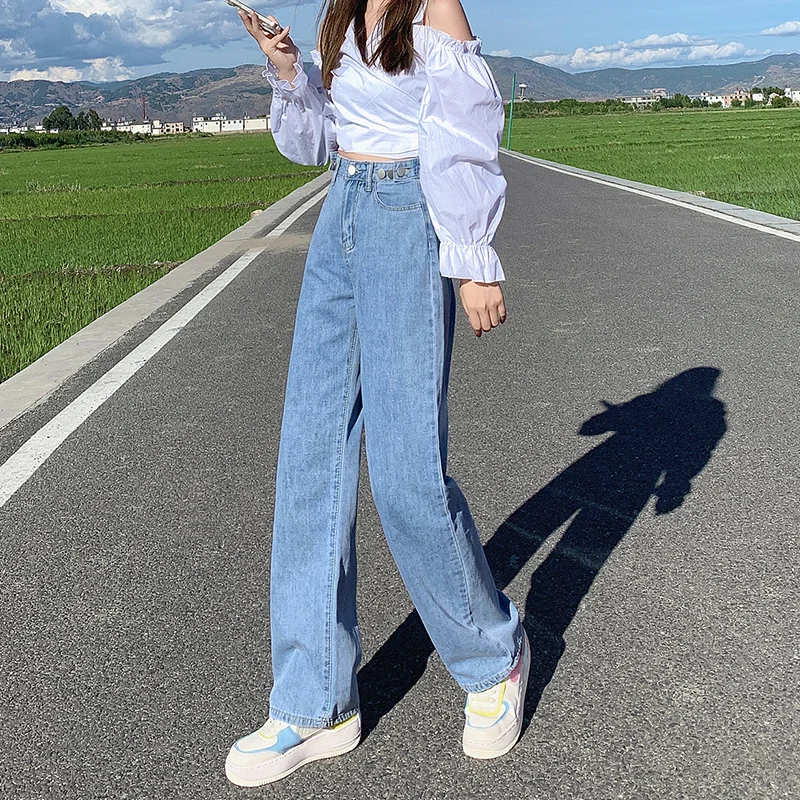 

Real Dark Blue High Waist Jeans Women's Thin Straight