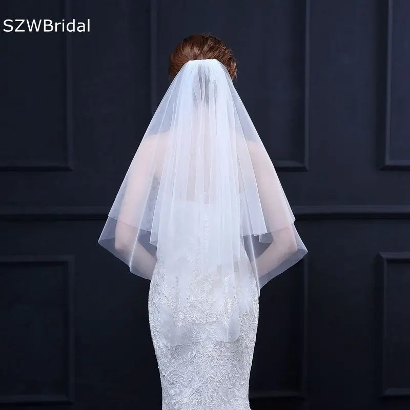 

New Arrival Cut Tulle Short Bridal Veil Ivory Mariage Cheap Wedding accessories Welon Casamento Lace Applique Wedding Veils