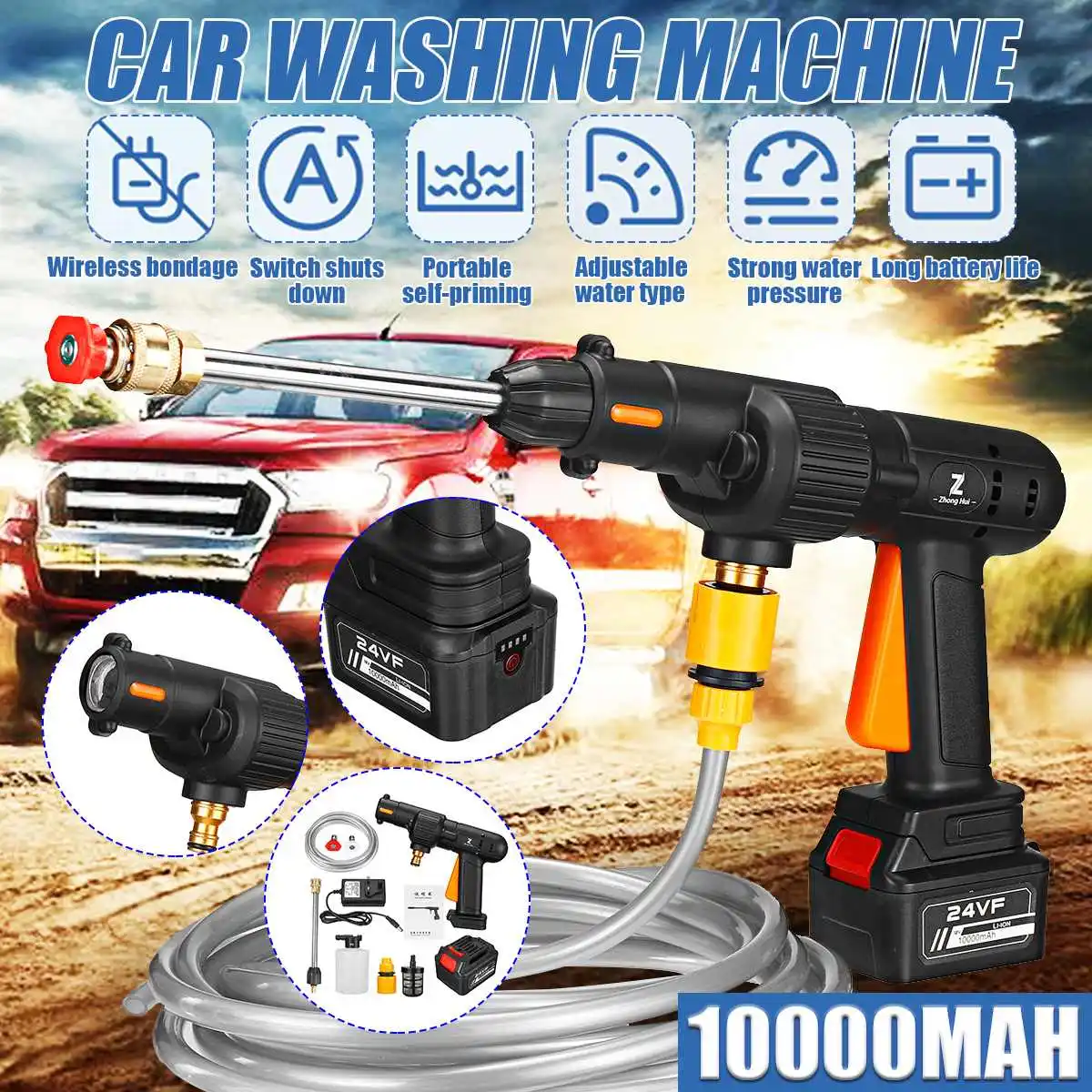 

10000mAh 30BAR Wireless Car Washer High Pressure Car Wash Water Gun Portable High Pressure Washer Foam for 24V Lithium Battery