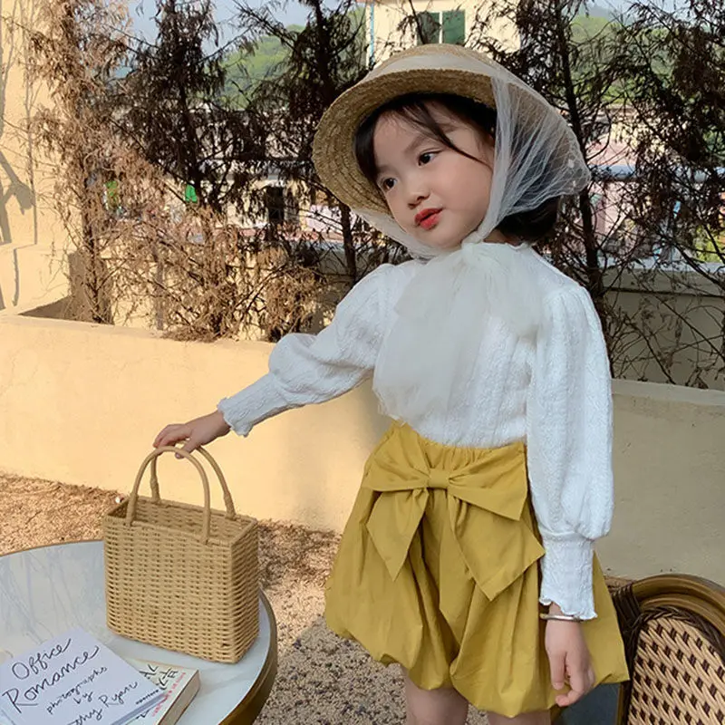 

Tops spring and autumn 2021 new style children's long-sleeved girls lace puff sleeves P5702