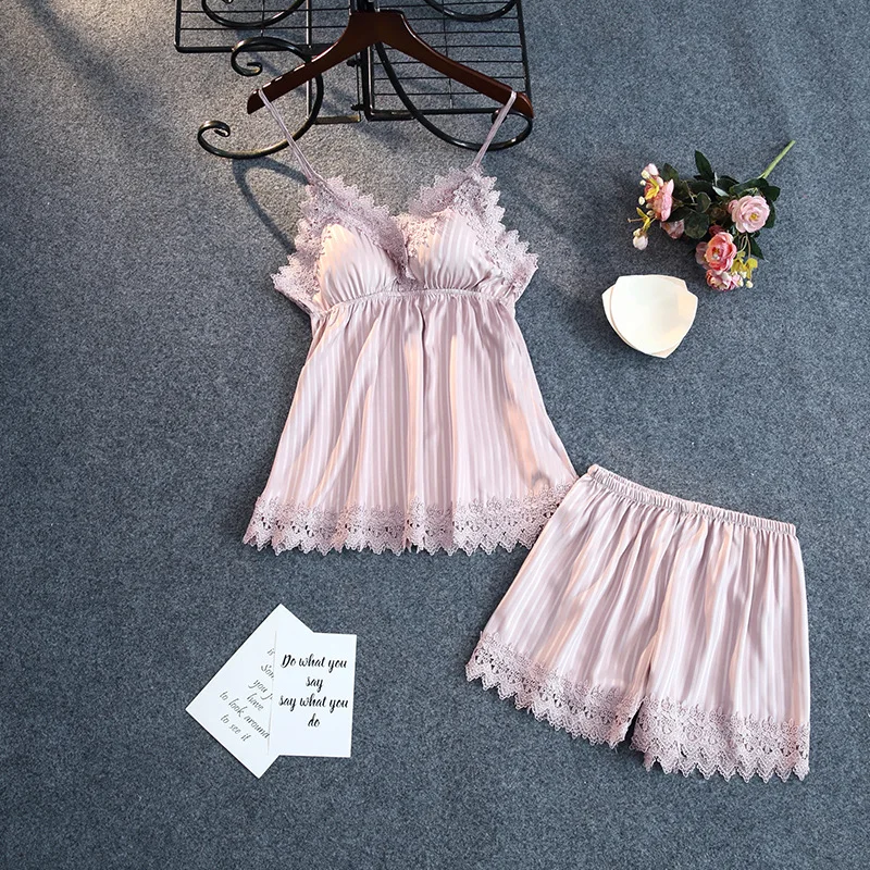 

Summer Lace Women Sleepwear Silk Satin Pajamas Sexy Nightwear Lady Homewear Female Lingerie Two Piece Set Home Wear Pijama