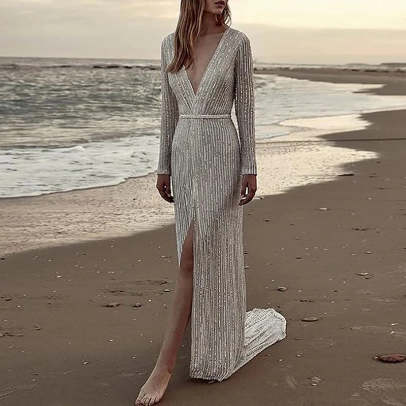 Women's dresses high waist Sexy Sequin full sleeve Maxi Dress Deep V-Neck Split Evening Party Ball Gown ladies dress | Женская