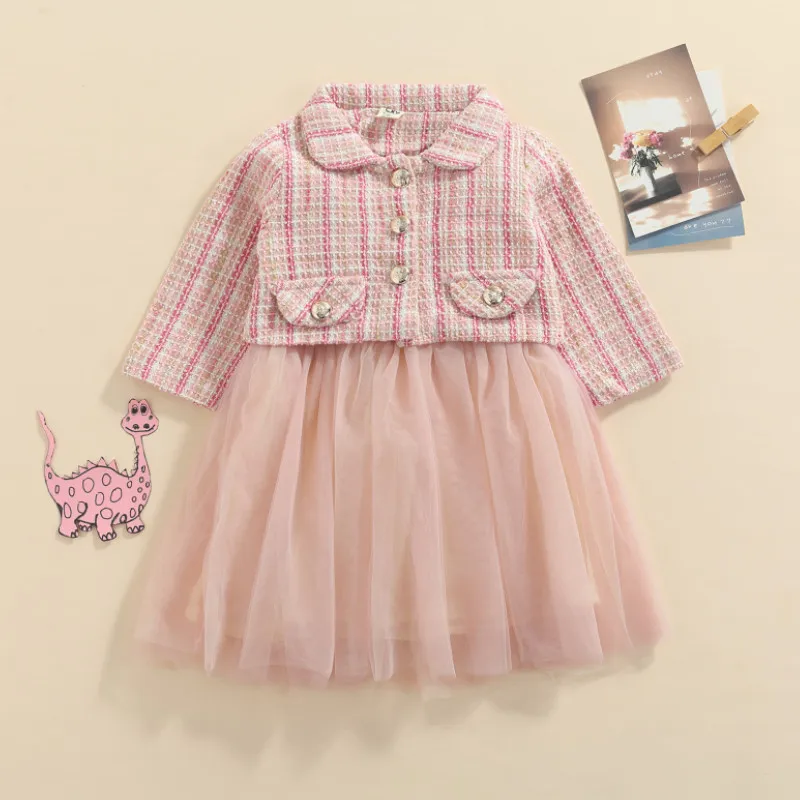 

2 Pcs Toddler Plaid Outfits Spring Autumn, Girls Sleeveless Round Neck Tulle Patchwork Dress + Button-down Lapel Outerwear
